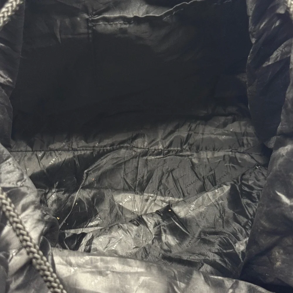 Versace Parfums Navy Blue Nylon Backpack Tote Bag Greca Straps Black Trim